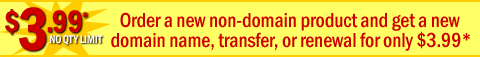 new domain name, transfer or renewal for only $3.99*